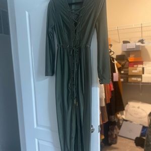 New with tags army green maxi lace up dress with from split. Zipper back